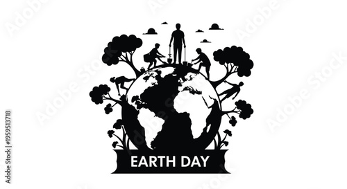 Earth Day celebration with people planting trees around the globe, symbolizing environmental care and conservation.