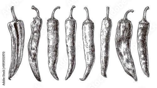 Collection of eight varied chili pepper illustrations rendered in detailed black and white engraving style