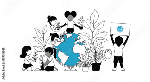 Diverse group of children actively planting seedlings around the earth globe for environmental care