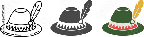 Traditional alpine tyrolean hat vector illustration set with feathers for german oktoberfest celebrations and bavarian culture costumes.