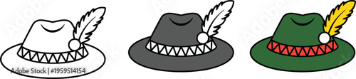 Traditional alpine tyrolean hat vector illustration set with feathers for german oktoberfest celebrations and bavarian culture costumes.