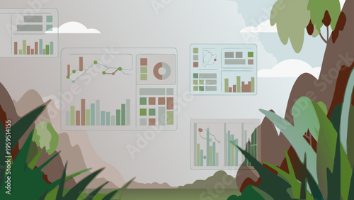 Real time data processing concept with graphs and charts in a natural landscape background illustrating business analytics and technology integration