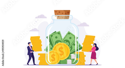 Business people carefully building substantial wealth and savings inside a large glass jar