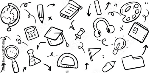 Hand-drawn education doodle set with school supplies and learning icons including globe, calculator, books, graduation cap, and lab tools. Perfect for academic, study, and classroom designs