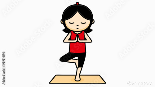 Woman in red shirt practicing yoga on a mat in tree pose with eyes closed and hands together