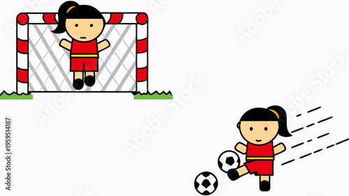 Two cartoon girls playing soccer kicking ball and goalkeeper in action on green grass field with red and white goalpost