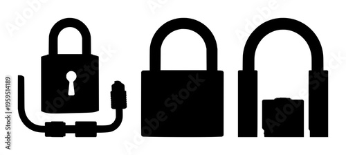 Padlock set with solid black silhouette of heavy-duty industrial padlock in an open position featuring security, access, industrial with black and white
