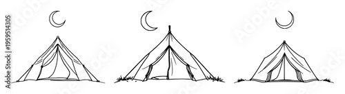 Tent set with continuous line art of a tent under a crescent moon featuring camping, adventure, silhouette with thin black line and white background