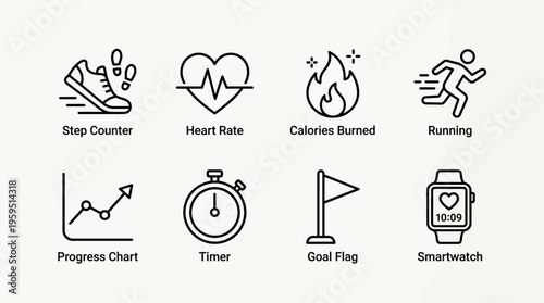 Outlined icons of fitness tracking including steps, heart rate, calories, running, progress, timer, goal, and smartwatch, symbolizing health monitoring, exercise, and personal wellness management.
