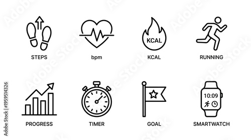 Outlined icons of fitness tracking including steps, heart rate, calories, running, progress, timer, goal, and smartwatch, symbolizing health monitoring, exercise, and personal wellness management.