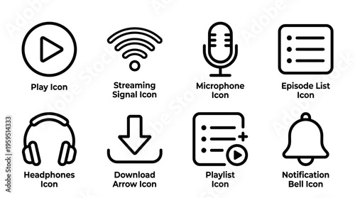 Outlined icons of media app essentials including play, streaming signal, microphone, episode list, headphones, download arrow, playlist, and notification bell, symbolizing digital audio and streaming 