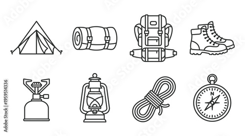 Outlined icons of camping and hiking essentials including tent, sleeping bag, backpack, boots, stove, lantern, rope, and compass, symbolizing outdoor adventure, exploration, and wilderness survival.