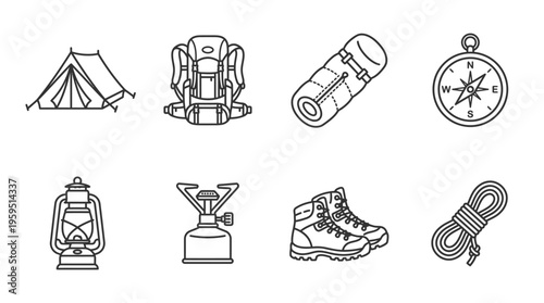Outlined icons of camping and hiking essentials including tent, sleeping bag, backpack, boots, stove, lantern, rope, and compass, symbolizing outdoor adventure, exploration, and wilderness survival.