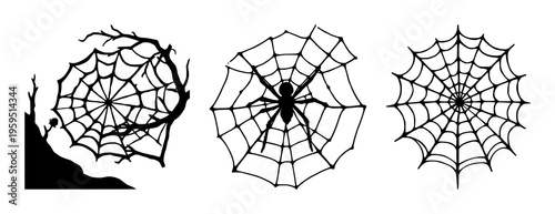 Spider web set with clean outlines and solid black silhouette featuring spooky nature theme with arachnid and net