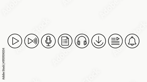 Outlined icons of media app essentials including play, streaming signal, microphone, episode list, headphones, download arrow, playlist, and notification bell, symbolizing digital audio and streaming 