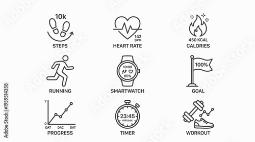 Outlined icons of fitness tracking including steps, heart rate, calories, running, progress, timer, goal, and smartwatch, symbolizing health monitoring, exercise, and personal wellness management.