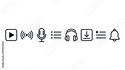 Outlined icons of media app essentials including play, streaming signal, microphone, episode list, headphones, download arrow, playlist, and notification bell, symbolizing digital audio and streaming 