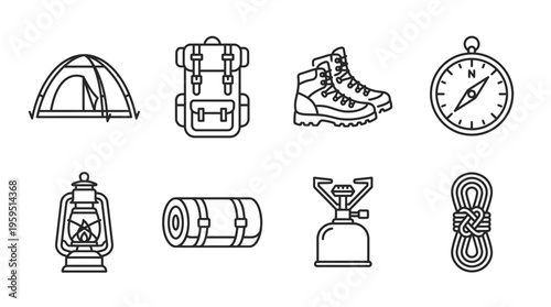 Outlined icons of camping and hiking essentials including tent, sleeping bag, backpack, boots, stove, lantern, rope, and compass, symbolizing outdoor adventure, exploration, and wilderness survival.