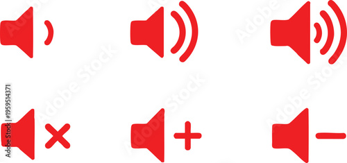 Set of red speaker volume icons representing sound levels from mute to loud ideal for user interface design and multimedia applications