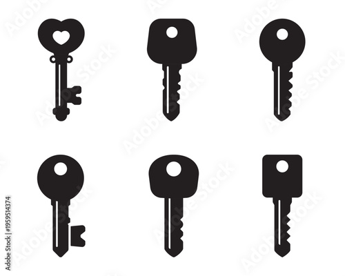Collection of six solid black key icons in minimal flat style representing security, access, and protection. Ideal for apps, UI design, locksmith services, authentication, and digital security concept