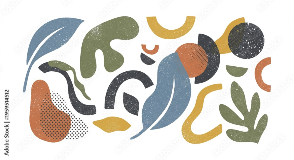 Naklejka premium Abstract organic shapes with grainy texture and stipple shading on white background