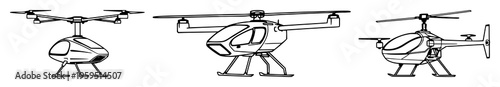Electric vertical takeoff and landing craft set with minimalist line art featuring urban air mobility, electric aircraft, aviation with white background and flat design