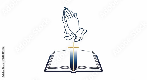Praying hands rise above an open holy book with a cross symbolizing faith and spirituality in a simple line art style