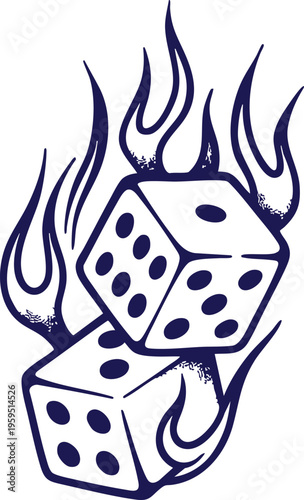 Two flaming dice representing luck and chance in a bold tattoo style illustration for gambling or gaming themes