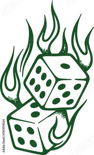 Two green dice on fire representing luck and chance perfect for casino or gambling themes isolated on white background