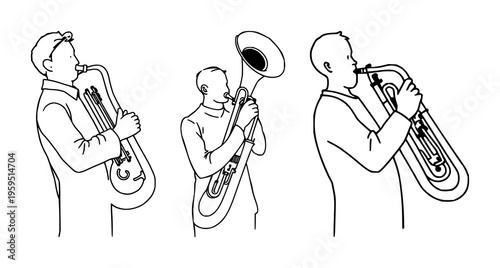 Tuba player set with continuous line drawing of a person playing a tuba featuring minimalist musical art, single black stroke, white background with line art and illustration