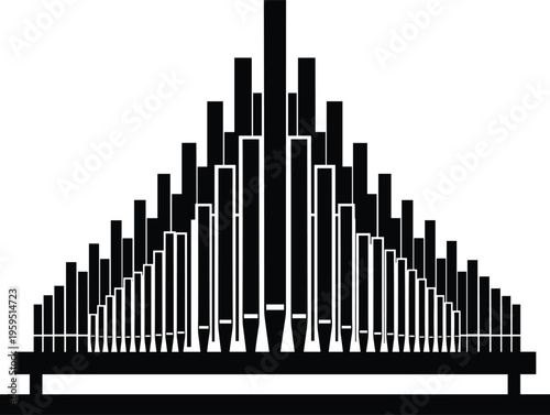 Black and white silhouette illustration of a classical pipe organ instrument for church music, cathedral interior design, and musical symbols.
