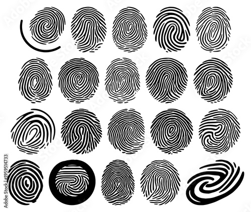 Fingerprint set with a thick, smooth black line design forming a perfect circle on pure white background featuring fingerprint, black, circular with clinical and forensic