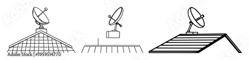 Satellite dish set with modern flat art of a single dish on a roof featuring telecommunications theme, clean lines, white background with minimalism and vector illustration