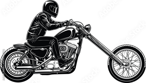 Black and white vector illustration of a biker riding a vintage custom chopper motorcycle with long forks and leather jacket