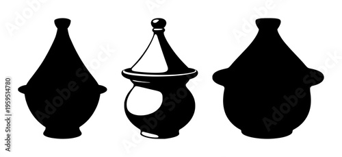 Tagine pot set with solid black silhouette showing bold smooth curves featuring North African heritage, culinary icon, black line art with simple illustration and monochrome