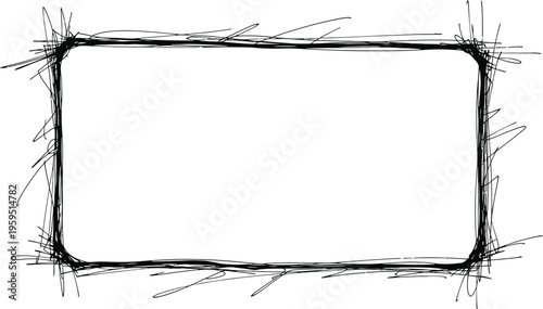 A hand-drawn black frame border with scribbled, rough edges forms a minimalist rectangular shape on white.