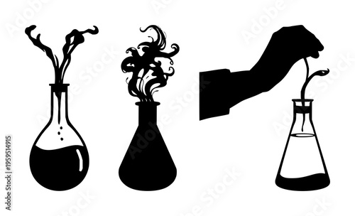 Alchemical beaker set with solid black silhouette and swirling smoke featuring occult science, sharp detail, black and white illustration with mythology and chemistry