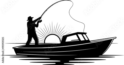 silhouette of a fisherman fishing on a boat vector art illustration isolated on transparent background.
