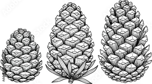 Black and white illustration of three pine cones