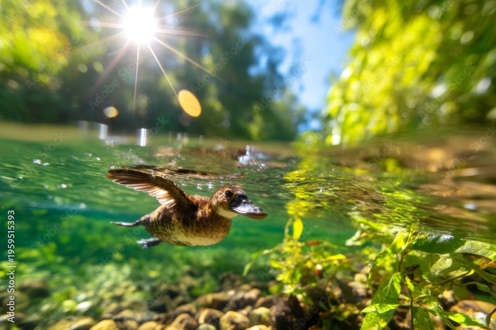 Fototapeta premium Platypus Diving Underwater in Crystal Clear Water Surrounded by Lush Greenery and Sunlight