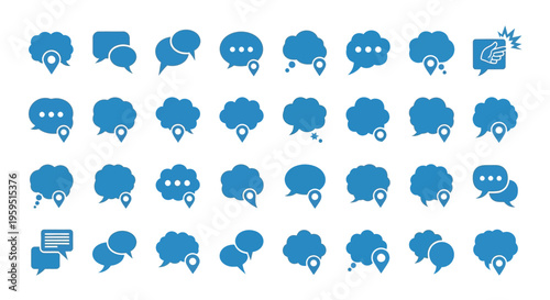 Collection of blue geolocation map pin icons integrated within various chat and speech bubble shapes