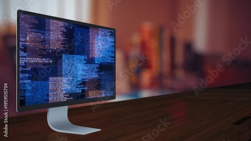 Desktop Computer Monitor with Programming Code on Office Desk – Software Development and Cybersecurity Workspace Background