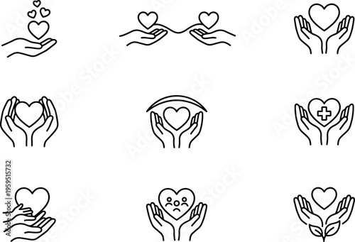 care and charity icons hands holding heart support help donation compassion and community aid symbols vector outline icon set isolated on transparent background