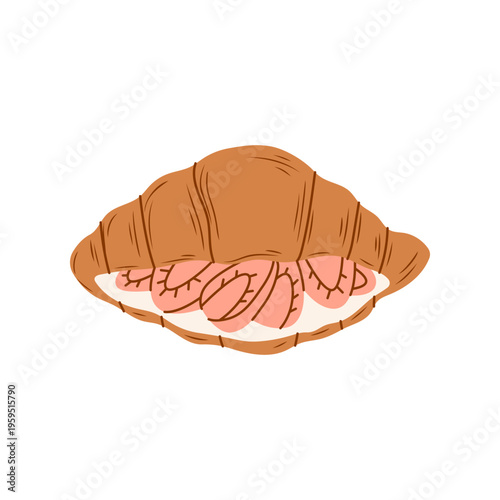 Minimalist flat vector illustration of french croissant with fresh strawberry filling and icing. Hand drawn icon with brown outlines for bakery menu, cafe branding and breakfast concepts