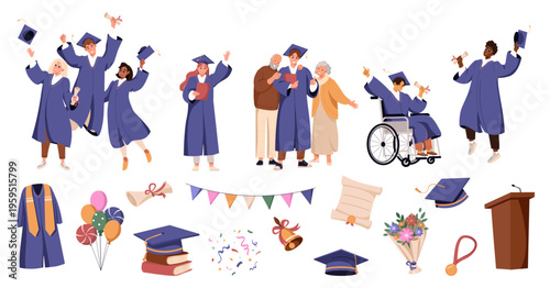Graduation ceremony set with diverse happy students, family, academic icons. Multiethnic graduates in gowns celebrating graduation. Flat vector illustration with diploma, mortarboard isolated on white