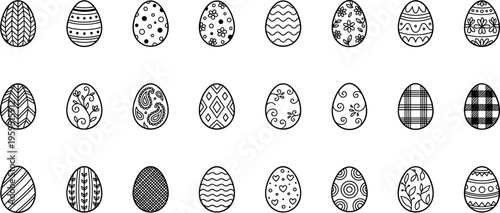 easter egg outline icon set with decorative patterns floral ornaments and spring holiday symbols design collection illustration on transparent background
