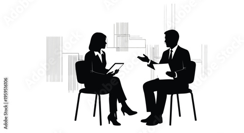 Silhouette of two business professionals engaged in a formal conversation or job interview setting