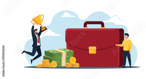 Businessman celebrating financial achievement with a trophy next to large money stacks and briefcase