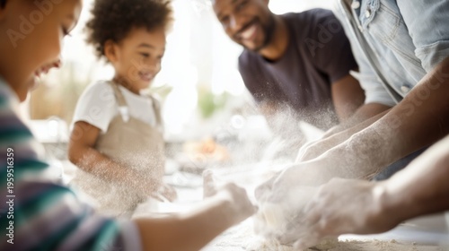 Happy family baking together, smiling parents and kids enjoying flour activities in a cozy kitchen