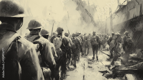 Soldiers march through rubble at the start of  war in a wartime city scene filled with smoke and destruction